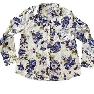 Chico's No Iron Caroline 100% Cotton Cream Floral Button Down Blouse WM 8-10 NWT